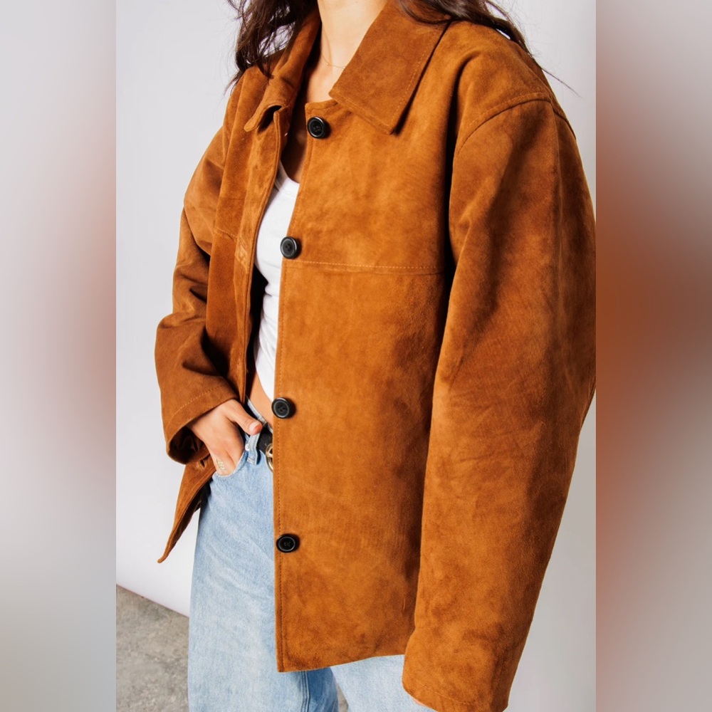 Oversized Brown Suede Jacket S - Picture 4 of 8